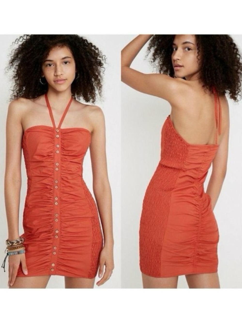 Strapless Halter Ruched Mini Dress in Terracotta